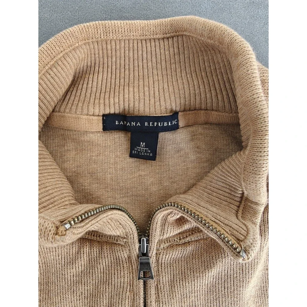 Banana Republic Mens Medium 1/4 Zip Sweater Tan Cotton Knit Pullover Mock Neck